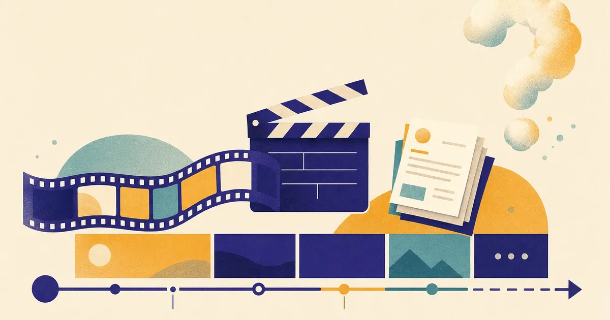 Abstract editorial illustration: an abstract video timeline with clapperboard, film strip and stacked small invoice slips beside it, a question-mark shaped cloud