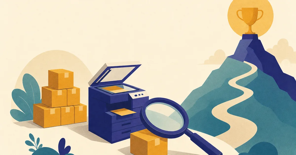 Abstract editorial illustration: a stack of identical generic boxes being copied by a photocopier, a magnifying glass, with a trophy and a mountain path