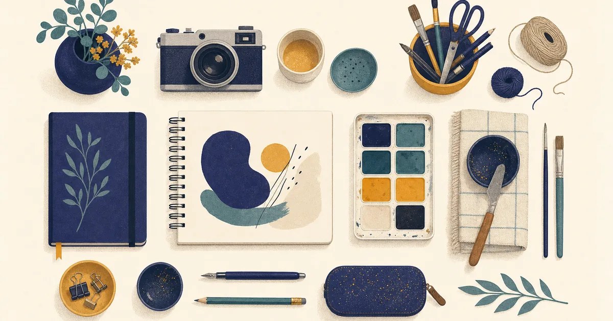 Abstract editorial illustration: a creative workspace with sketchbook, paint palette, camera and craft tools arranged in a grid
