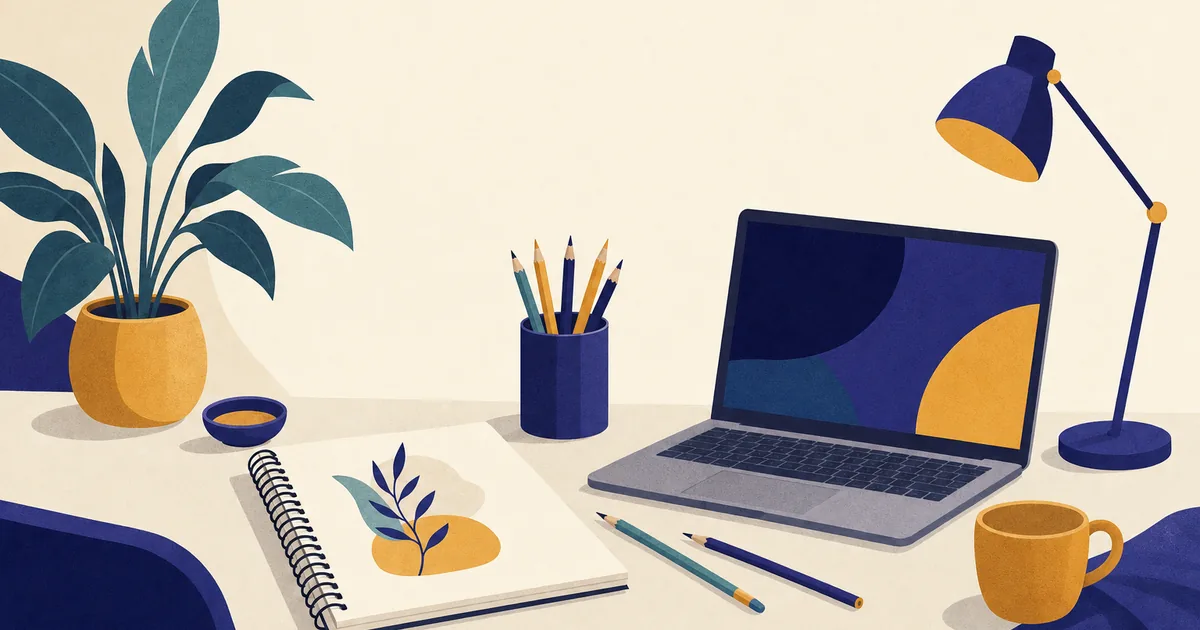 Abstract editorial illustration: a creative desk with a sketchbook, colored pencils, a small plant and an open laptop