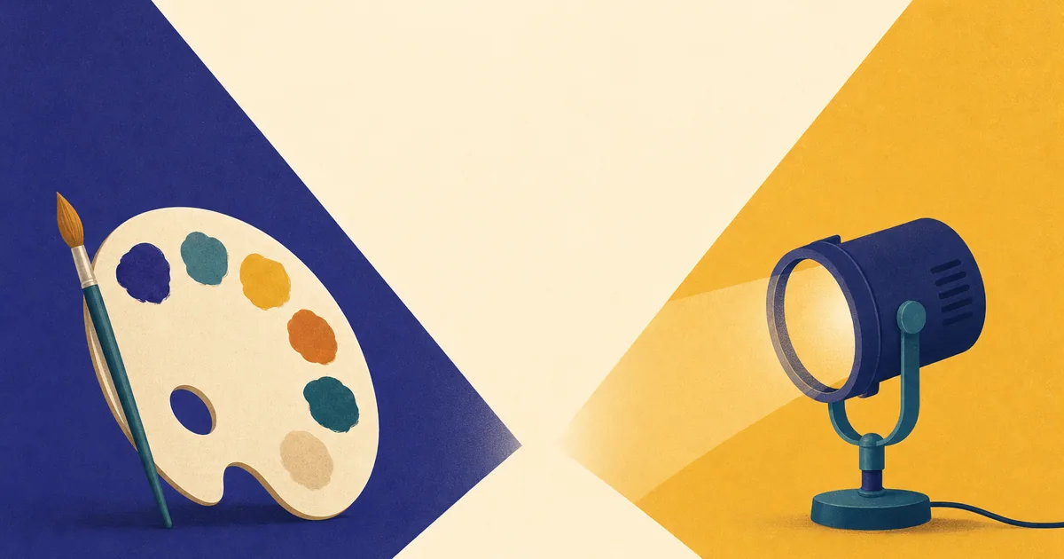 Abstract editorial illustration: a paint palette and a spotlight facing each other across a split background