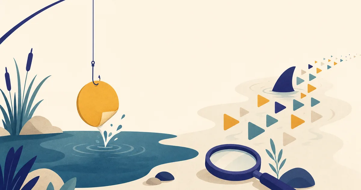 Abstract editorial illustration: a fishing line hooking a paper coin shape out of a pond, with a magnifying glass nearby, with a shark fin in a stream of play buttons