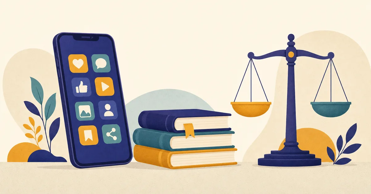 Abstract editorial illustration: a smartphone showing social media icons, a stack of books and a balance scale
