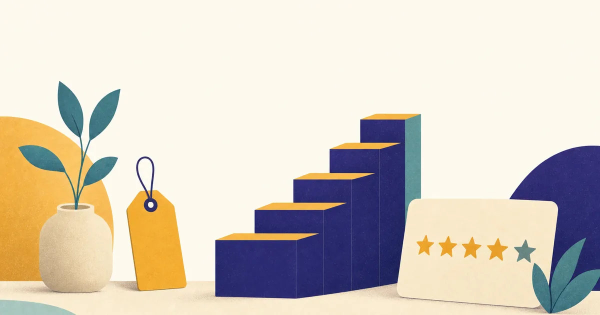Abstract editorial illustration: a small price tag reading seven, a staircase made of blocks and a star rating card