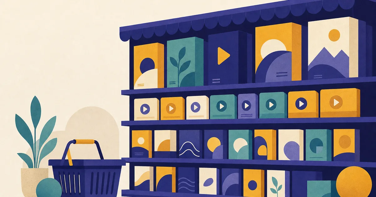 Abstract editorial illustration: a large marketplace shelf of colorful course boxes and video play-button shapes, a shopping basket