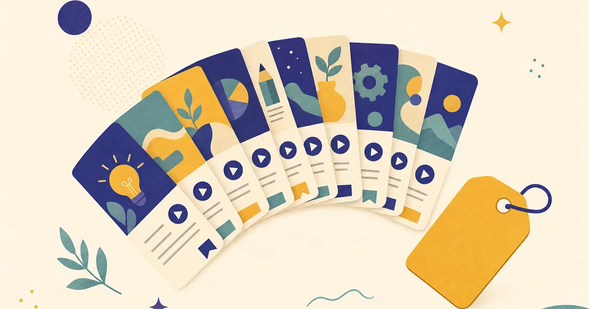 Abstract editorial illustration: many small video-course cards fanned out like playing cards with a sale tag shape