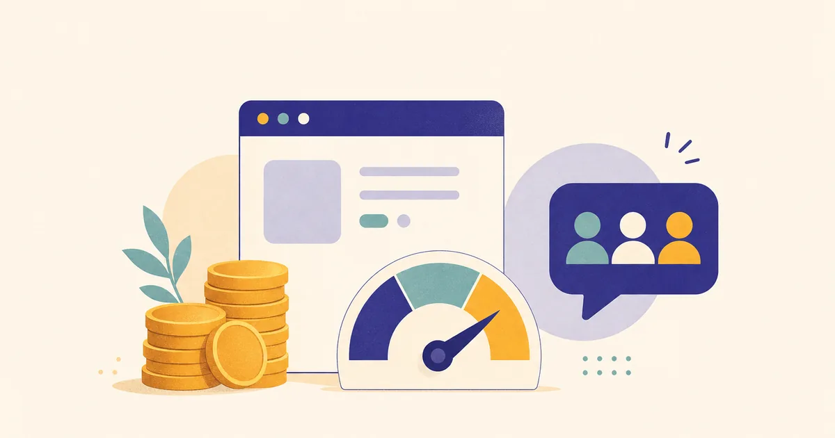 Abstract editorial illustration: a small web browser window with stacked coins, a credit meter gauge and a community chat bubble