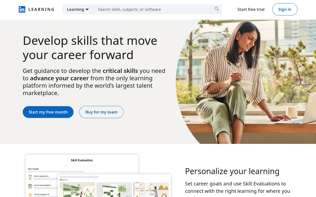 Screenshot of the public LinkedIn Learning homepage in October 2026, showing its main navigation, search and featured content
