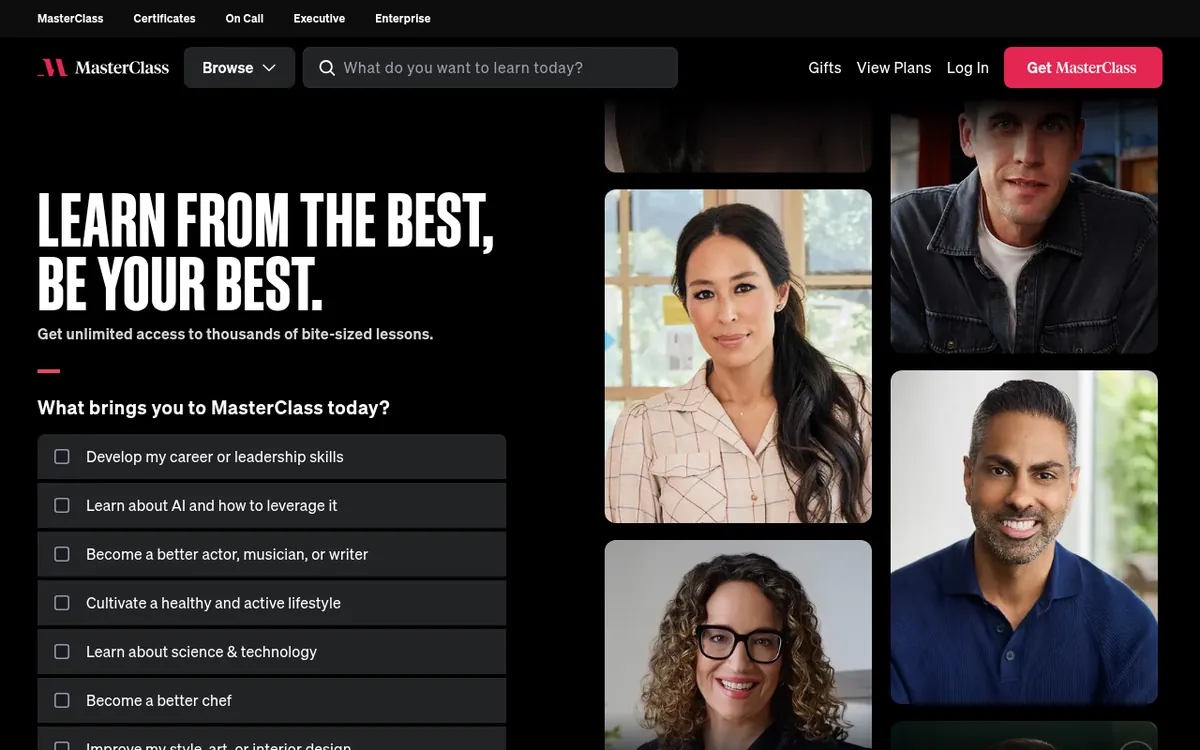 Screenshot of the public MasterClass homepage in October 2026, showing its main navigation, search and featured content