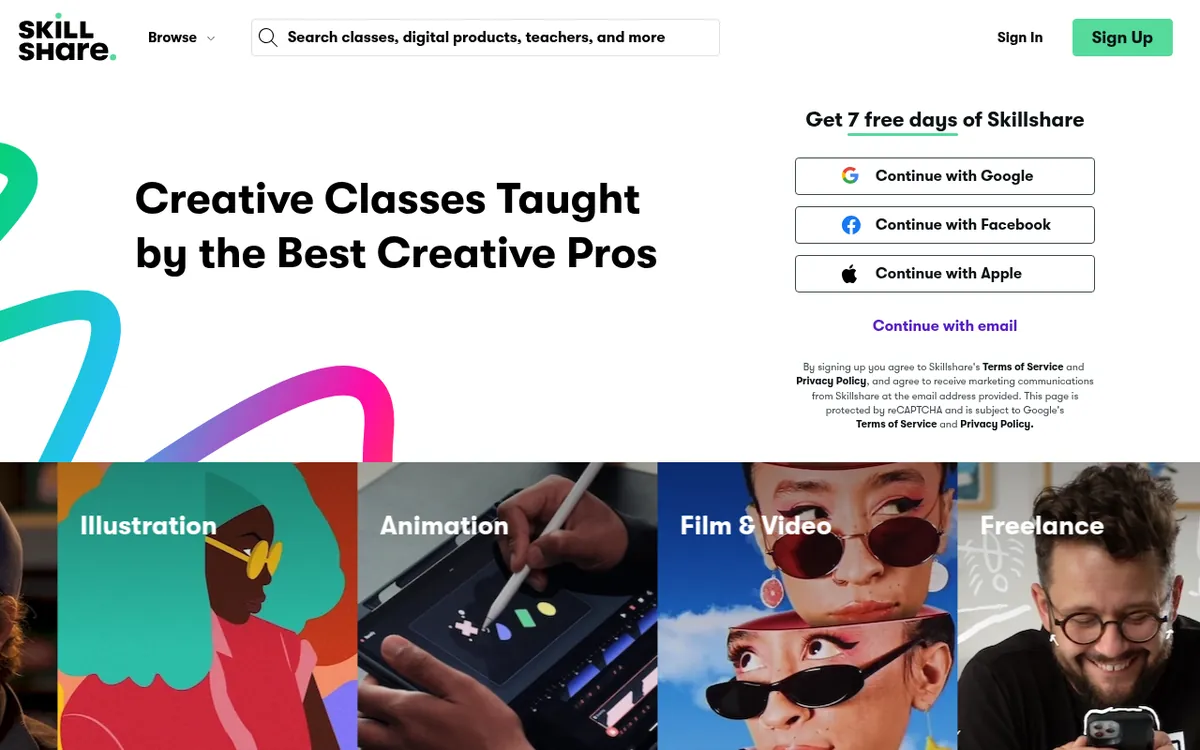 Screenshot of the public Skillshare homepage in October 2026, showing its main navigation, search and featured content