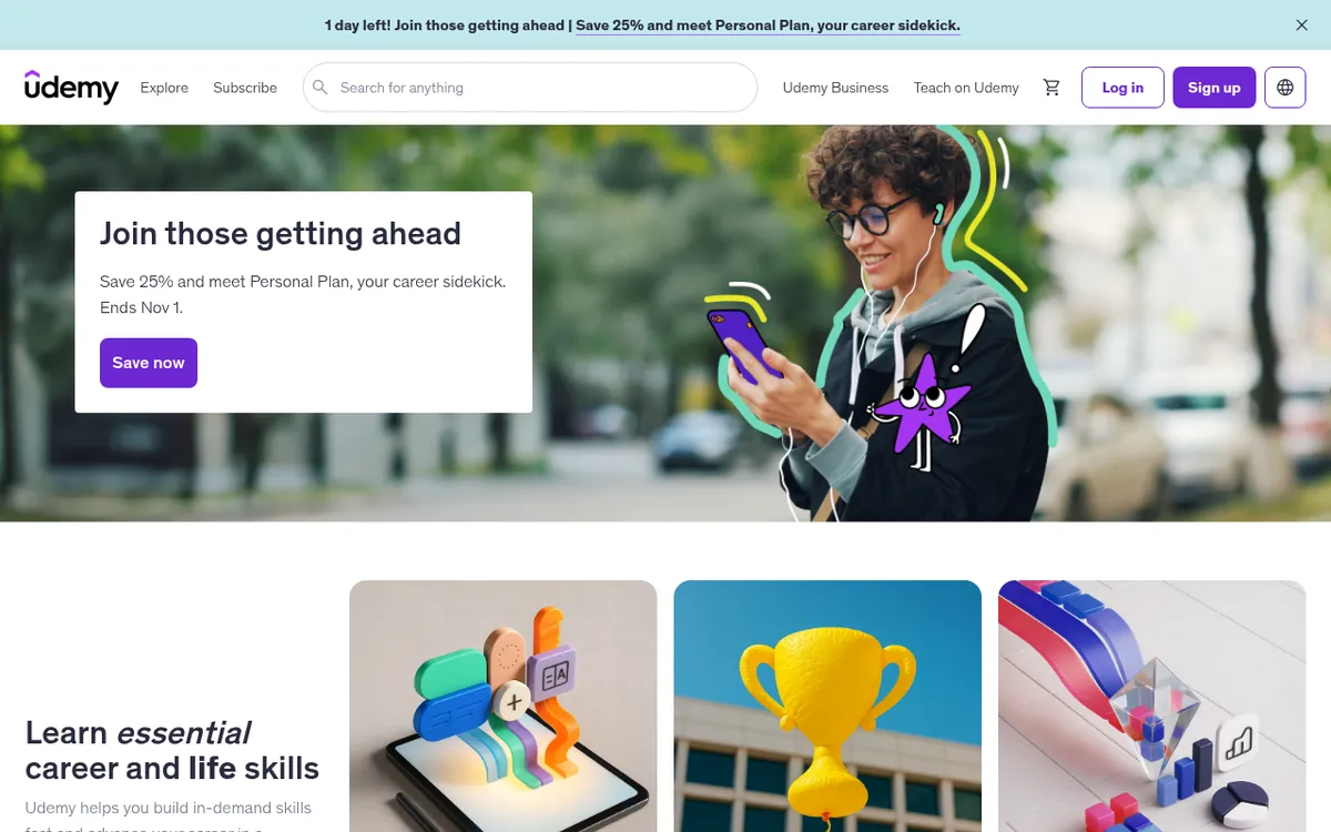 Screenshot of the public Udemy homepage in October 2026, showing its main navigation, search and featured content